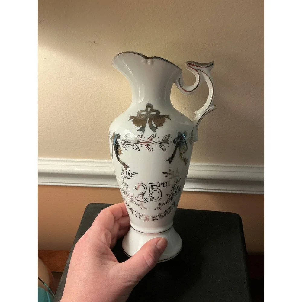 Lefton China 25th Anniversary Pitcher Vintage Silver Trim Porcelain Ewer SL2283N